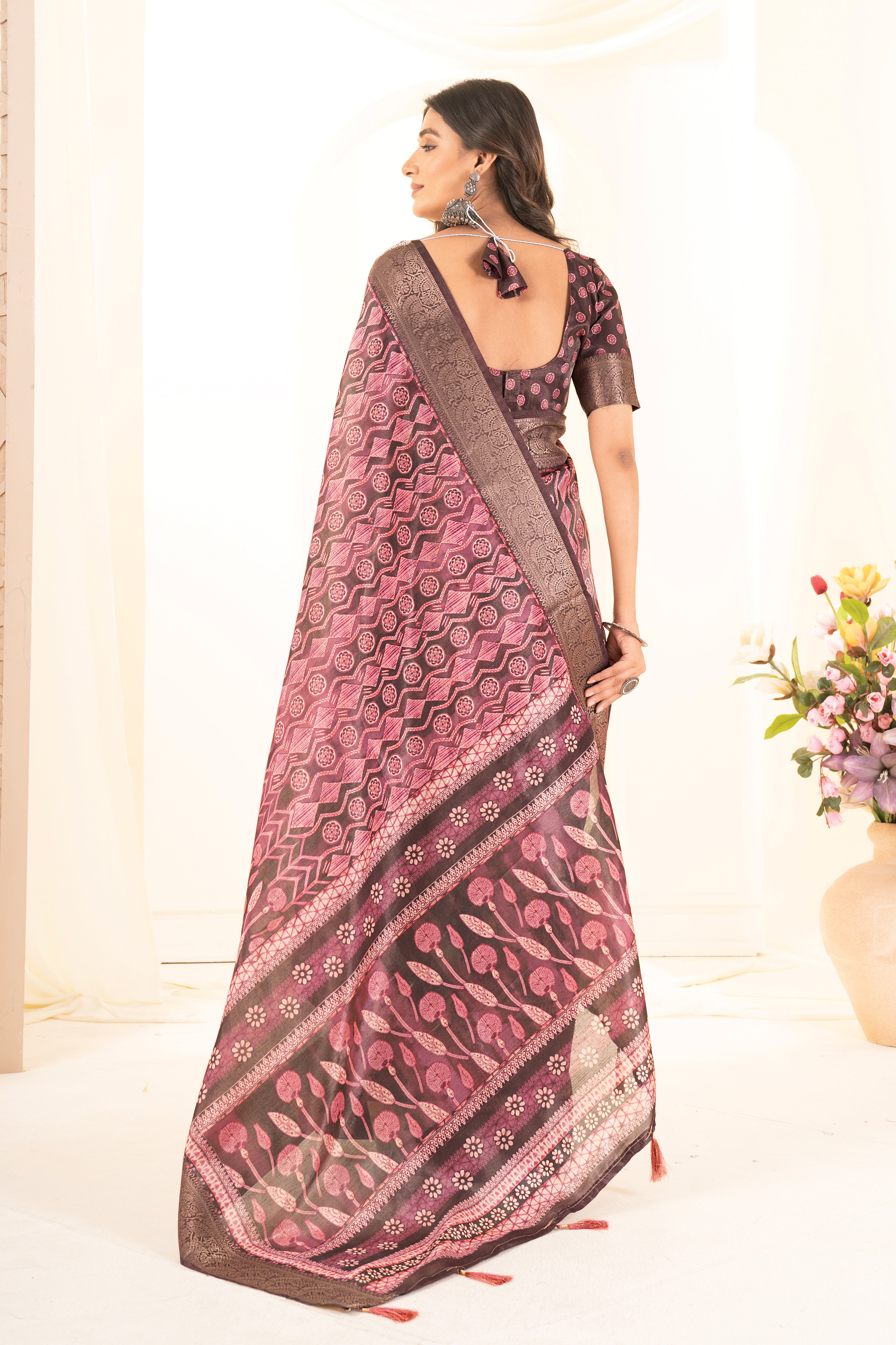 Cherry Red Tussar Silk Ajrak Saree
